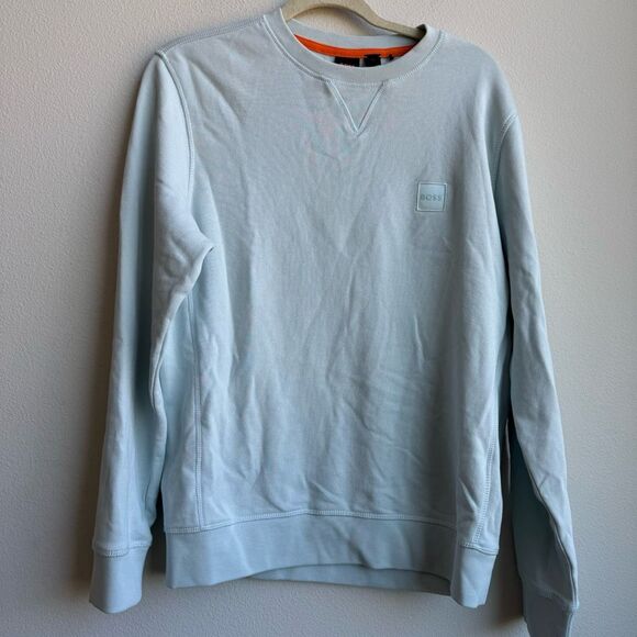 Hugo Boss Logo Patch Size Small Light Blue Crewneck 100% Cotton Pullover Sweater - Picture 2 of 7